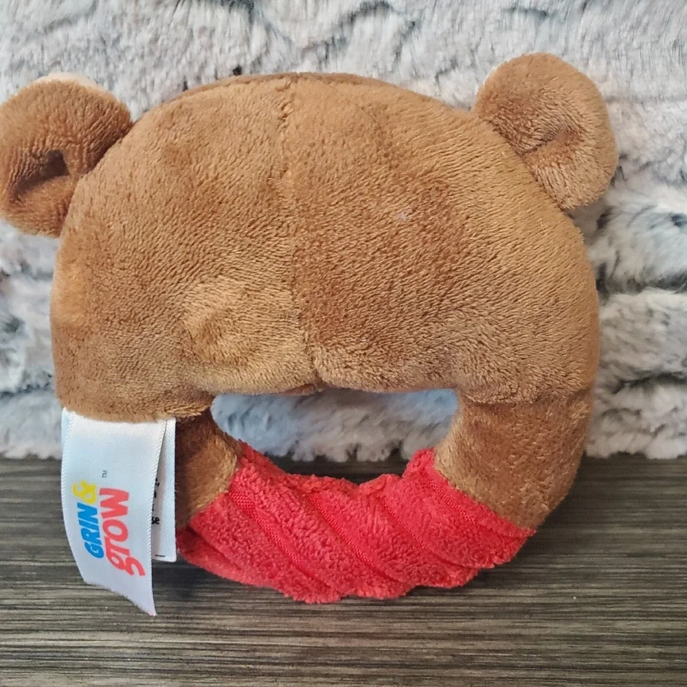 Grin & Grow‎ Plush Textured Brown And Red Teddy Bear Infant Rattle